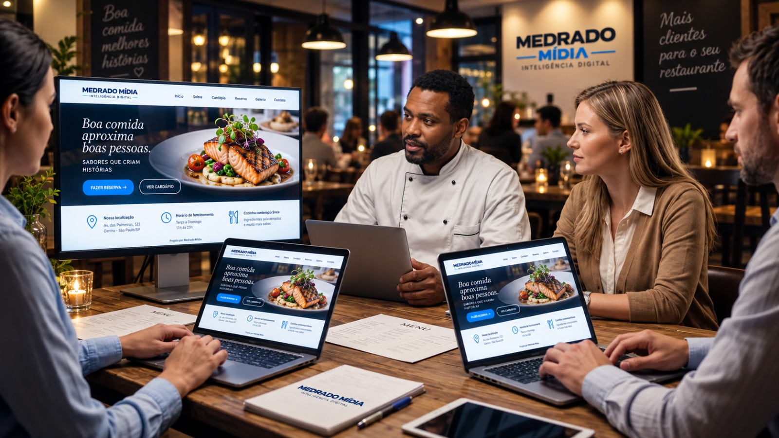 Equipe de restaurante conhecendo um site profissional criado pela Medrado Mídia